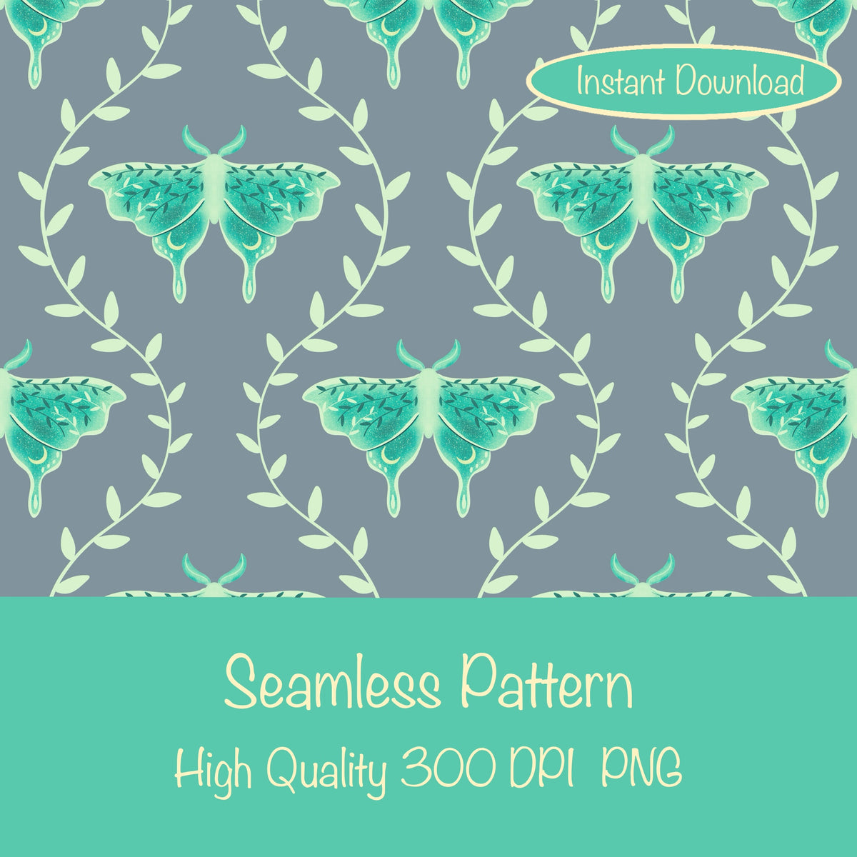 Whimsical Moth Seamless Pattern Grey – Dreamy 12x12” PNG, 300 DPI, Commercial Use