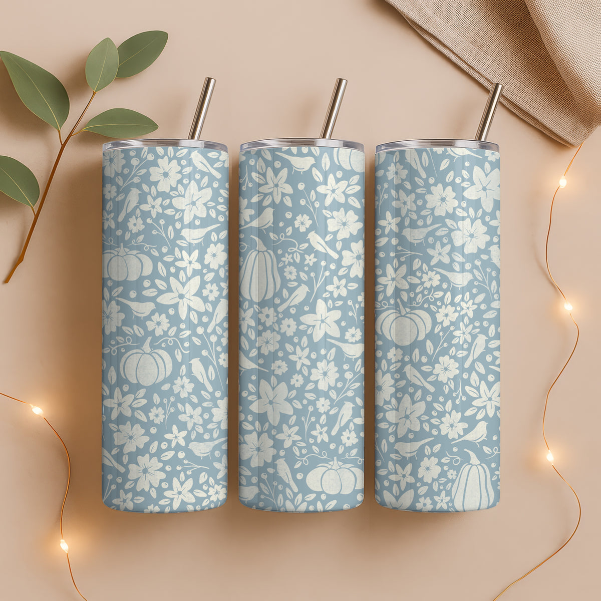 Winter Pumpkins & Birds Tumbler Wrap PNG | Floral 20oz Skinny Tumbler Design