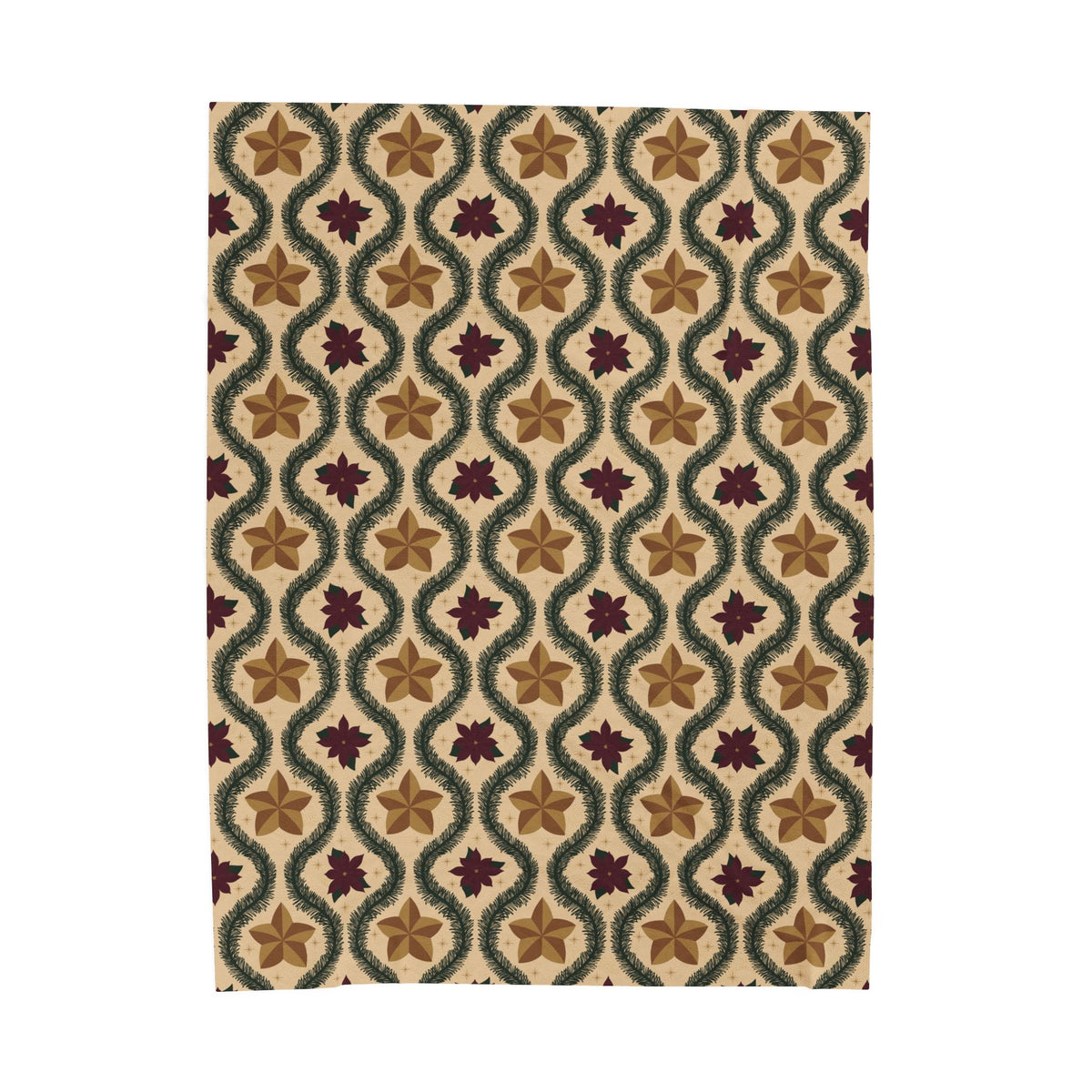 Vintage Poinsettia Christmas Fleece Blanket | Evergreen & Gold Holiday Throw