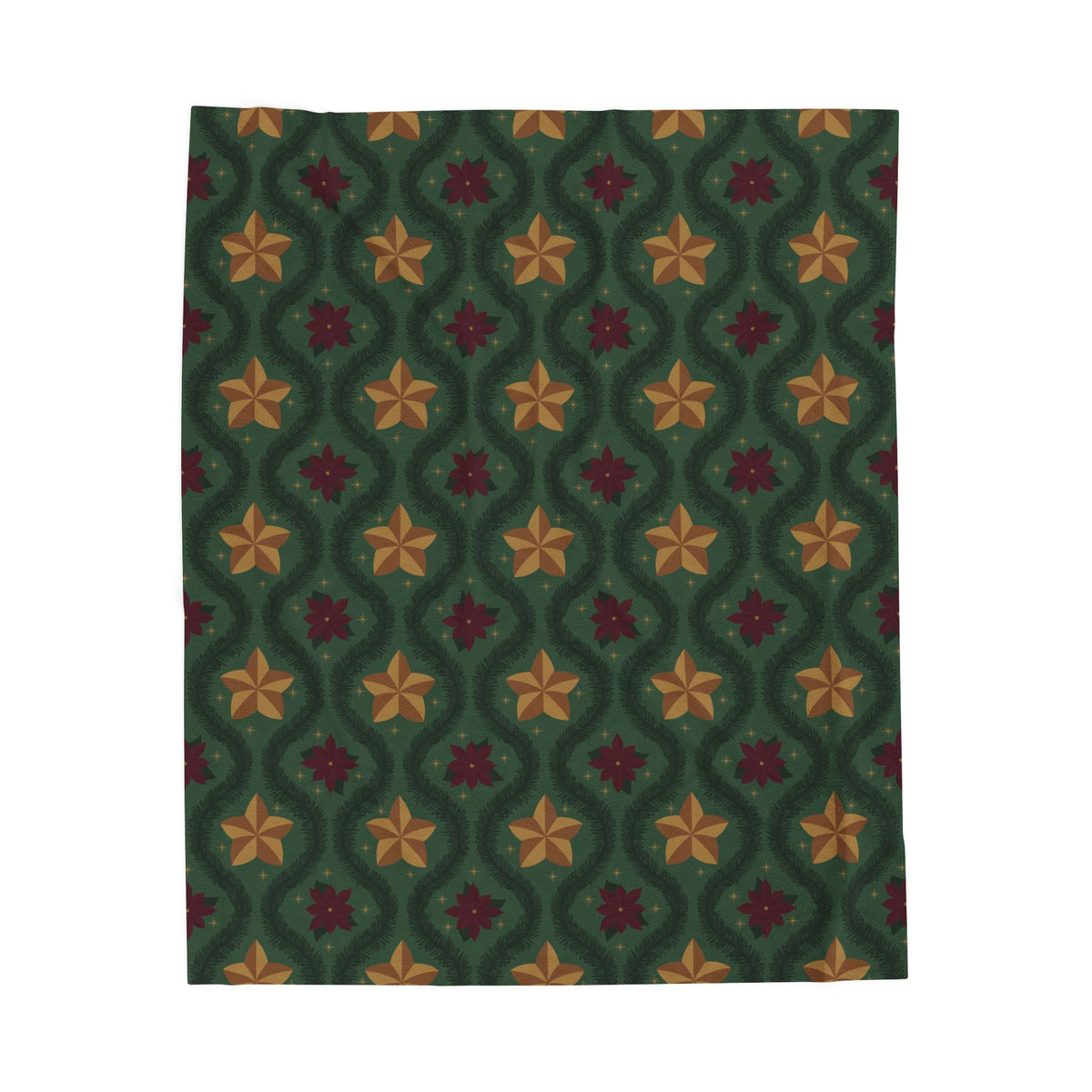 Green Vintage Poinsettia Christmas Fleece Blanket | Evergreen Holiday Throw