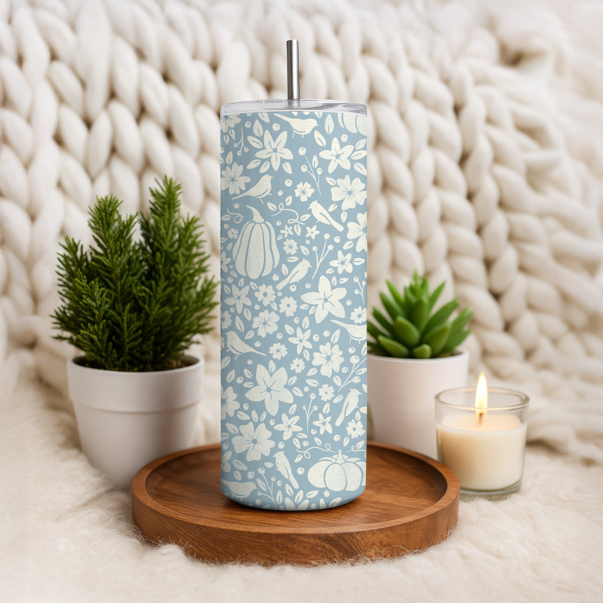 Winter Pumpkins & Birds Tumbler Wrap PNG | Floral 20oz Skinny Tumbler Design