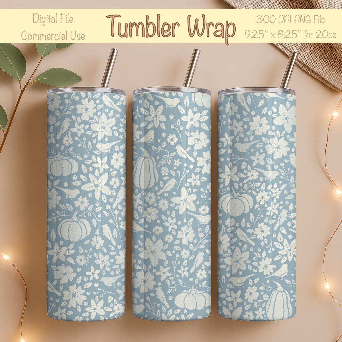 Winter Pumpkins & Birds Tumbler Wrap PNG | Floral 20oz Skinny Tumbler Design