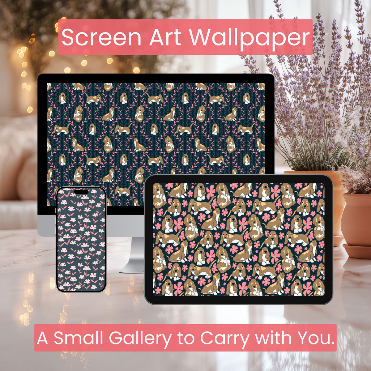 Basset Hound Wallpaper Bundle of 3 Black | Cute Dog Phone, Tablet & 4K Desktop Backgrounds | Cozy Aesthetic Screen Art | Instant Download | Personal Use