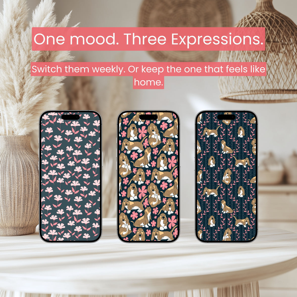 Basset Hound Wallpaper Bundle of 3 Black | Cute Dog Phone, Tablet & 4K Desktop Backgrounds | Cozy Aesthetic Screen Art | Instant Download | Personal Use