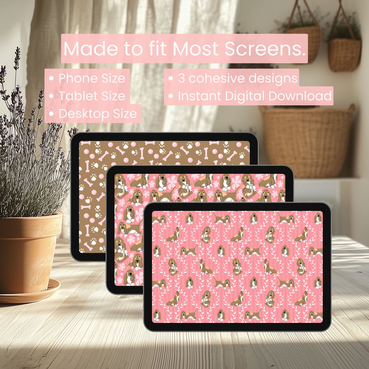 Basset Hound Wallpaper Bundle of 3 Pink | Cute Dog Phone, Tablet & 4K Desktop Backgrounds | Cozy Aesthetic Screen Art | Instant Download | Personal Use