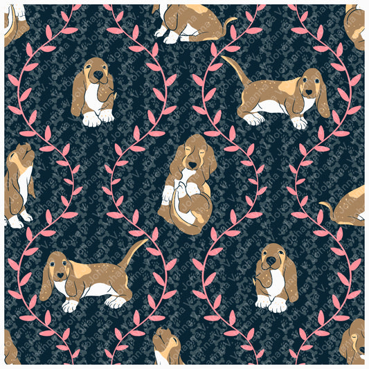 Basset Hound & Botanical Vines Seamless Pattern Black | Cute Dog Pattern | 12x12” PNG Digital Download