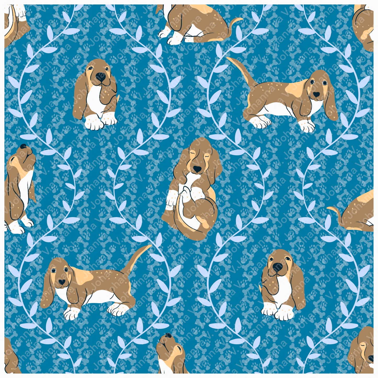 Basset Hound Seamless Pattern Bundle Blue | Florals, Botanicals & Dog Toys | 12x12” PNGs | Digital Download | Commercial & Personal
