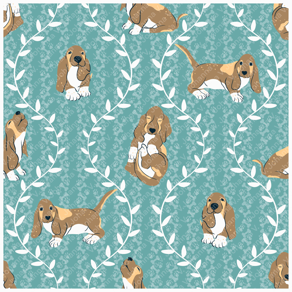 Basset Hound & Botanical Vines Seamless Pattern Blue Green | Cute Dog Pattern | 12x12” PNG Digital Download