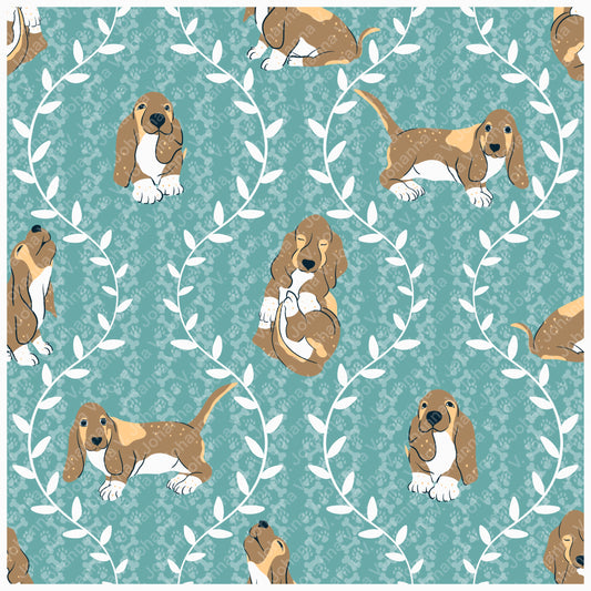Basset Hound & Botanical Vines Seamless Pattern Blue Green | Cute Dog Pattern | 12x12” PNG Digital Download