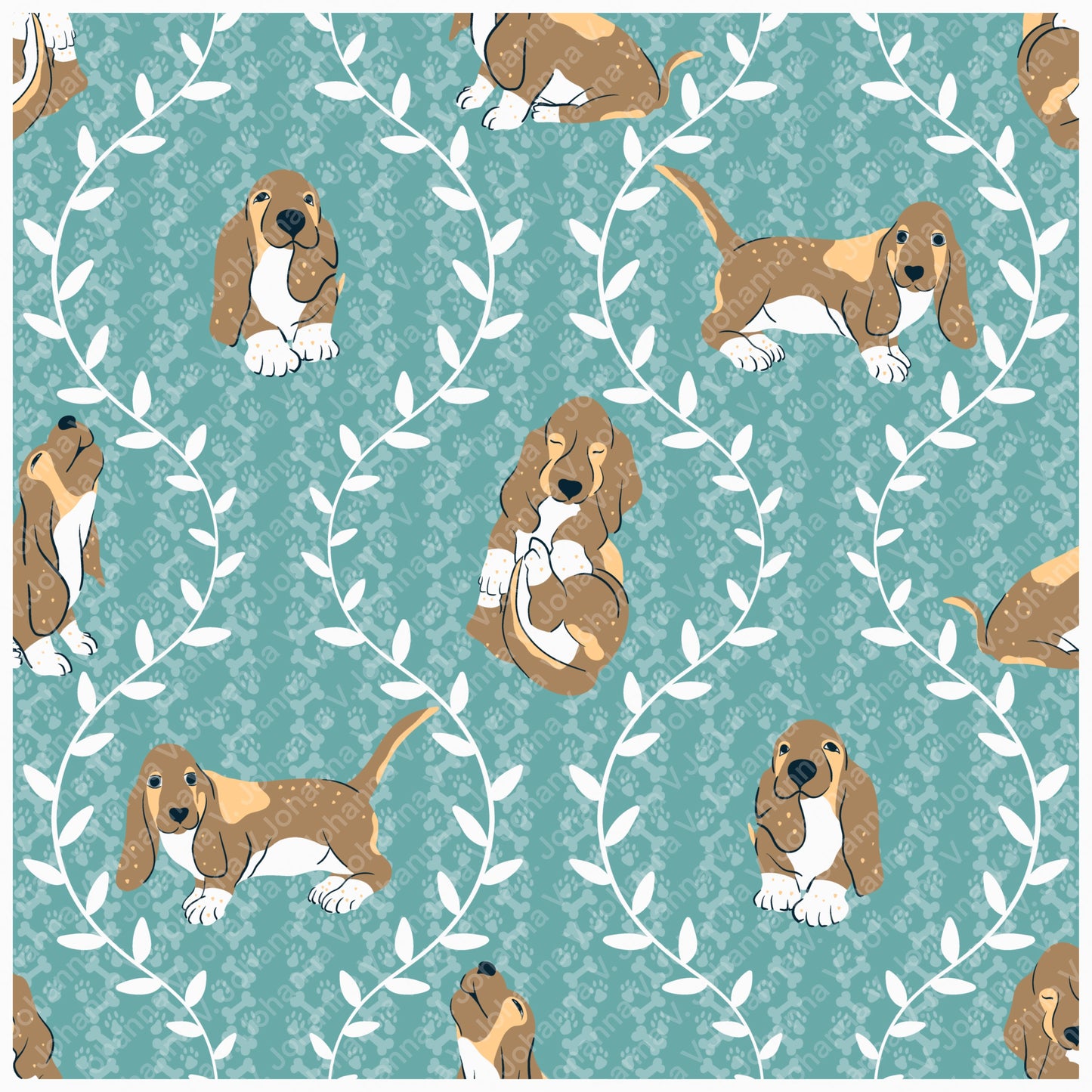 Basset Hound Seamless Pattern Bundle Blue Green | Florals, Botanicals & Dog Toys | 12x12” PNGs | Digital Download | Commercial & Personal