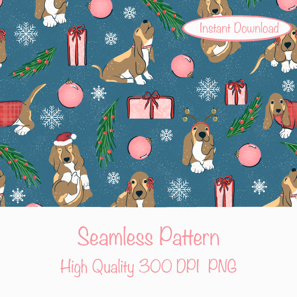 Christmas Basset Hound Seamless Pattern Blue | Holiday Dog Print | 12x12β PNG Digital Download Christmas Basset Hound Seamless Pattern | Holiday Dog Print | 12x12β PNG Digital Download