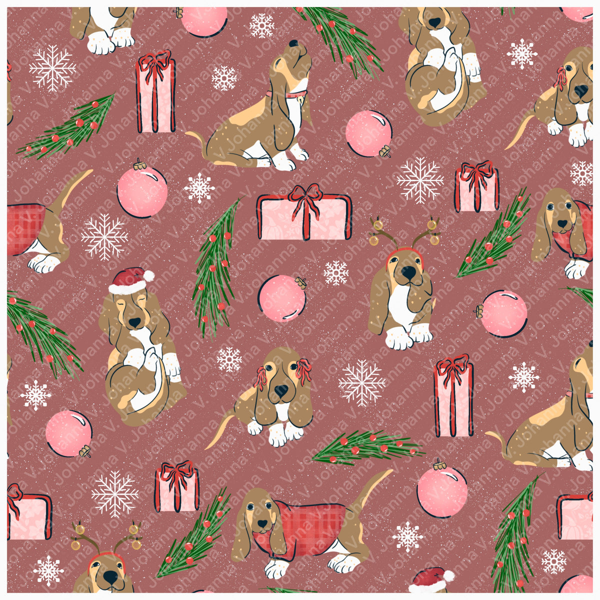 Christmas Basset Hound Seamless Pattern Bundle Mauve | Ornaments, Lights, Gifts & Candy Canes | 12x12” PNGs | Digital Download | Commercial & Personal