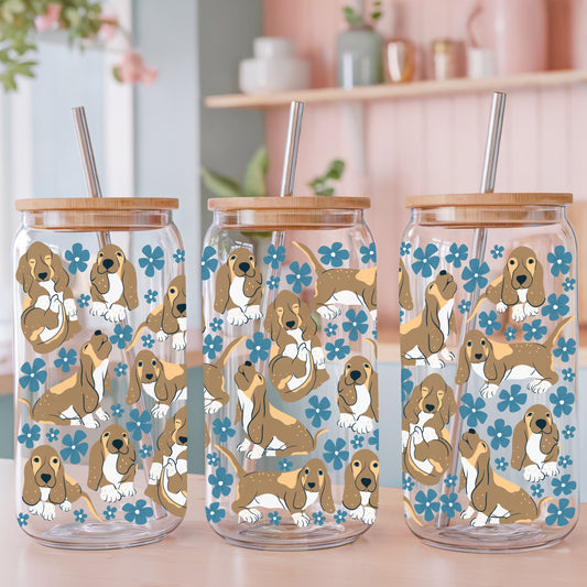 Basset Hound Floral Glass Can Wrap PNG Blue | Cute Dog Cup Design | 12.75x6.5 Sublimation Wrap | Commercial Use