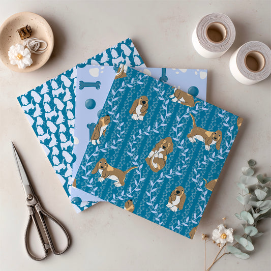 Basset Hound Seamless Pattern Bundle Blue | Florals, Botanicals & Dog Toys | 12x12” PNGs | Digital Download | Commercial & Personal