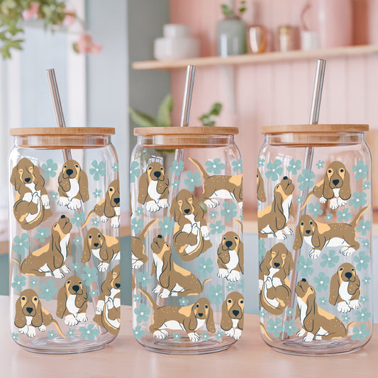 Basset Hound Floral Glass Can Wrap PNG Green | Cute Dog Cup Design | 12.75x6.5 Sublimation Wrap | Commercial Use
