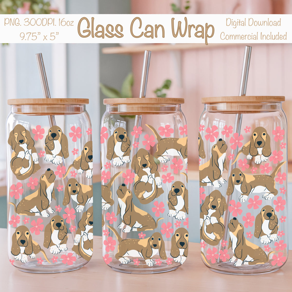 Basset Hound Floral Glass Can Wrap PNG Pink | Cute Dog Cup Design | 12.75x6.5 Sublimation Wrap | Commercial Use