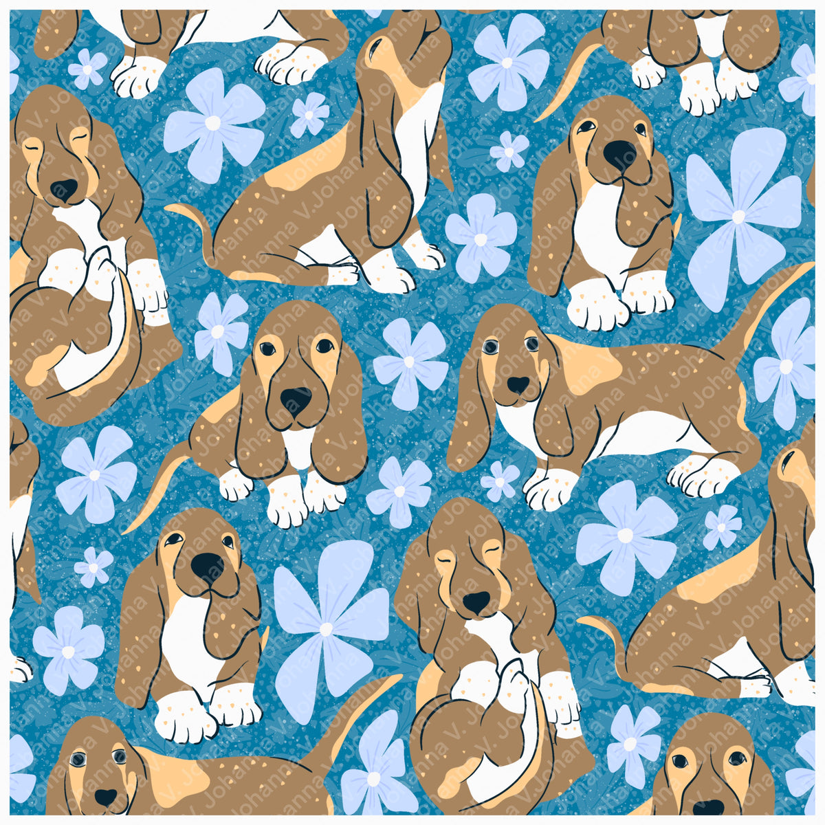Basset Hound Seamless Pattern Bundle Blue | Florals, Botanicals & Dog Toys | 12x12” PNGs | Digital Download | Commercial & Personal