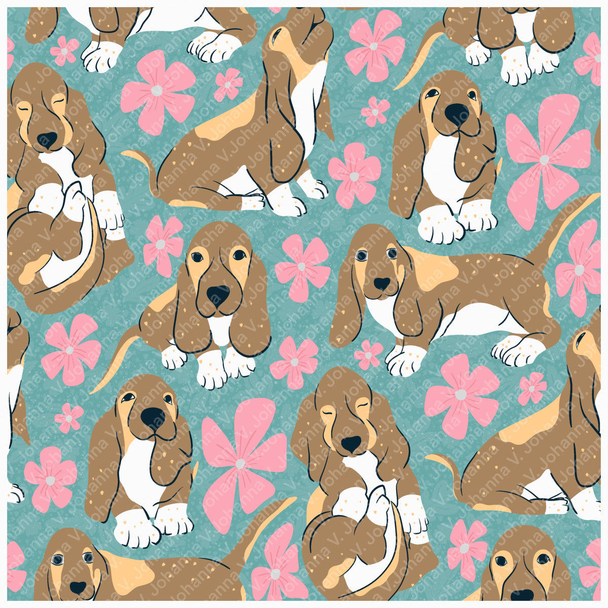 Basset Hound Seamless Pattern Bundle Blue Green | Florals, Botanicals & Dog Toys | 12x12” PNGs | Digital Download | Commercial & Personal