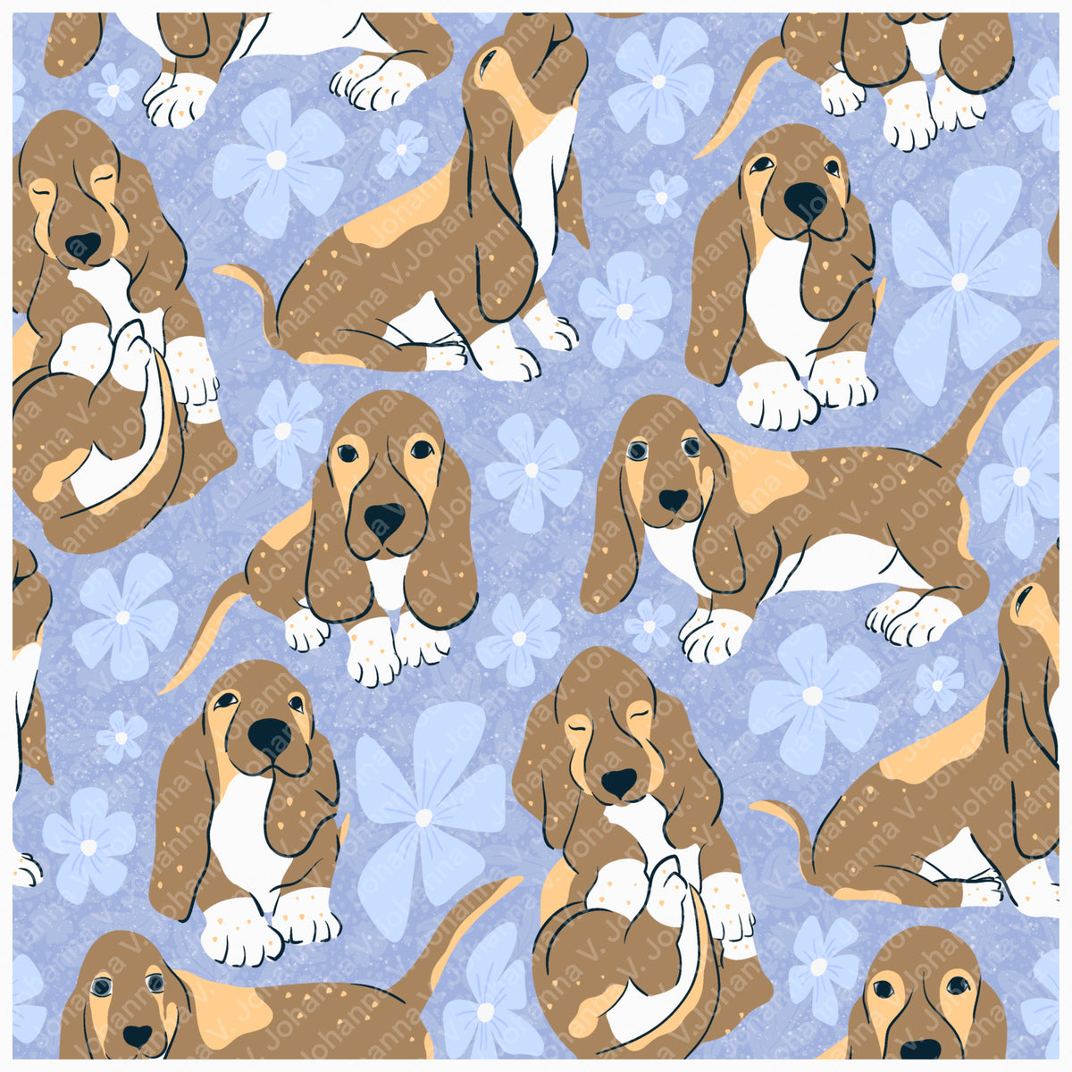 Basset Hound Floral Seamless Pattern Purple | Cute Dog Pattern | 12x12β PNG Digital Download