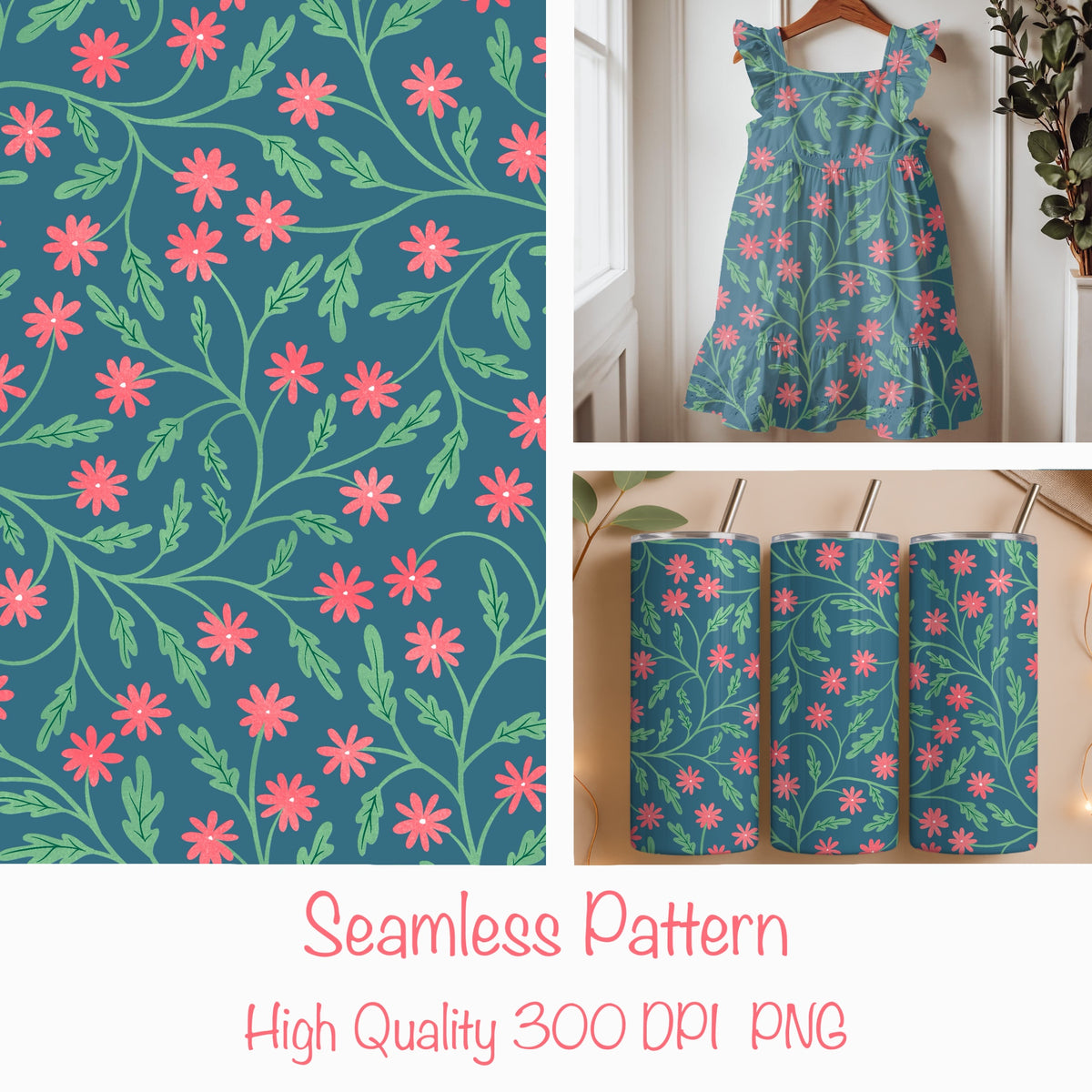 Seamless Blooming Vines Pattern Blue Pink | Spring Floral Greenery