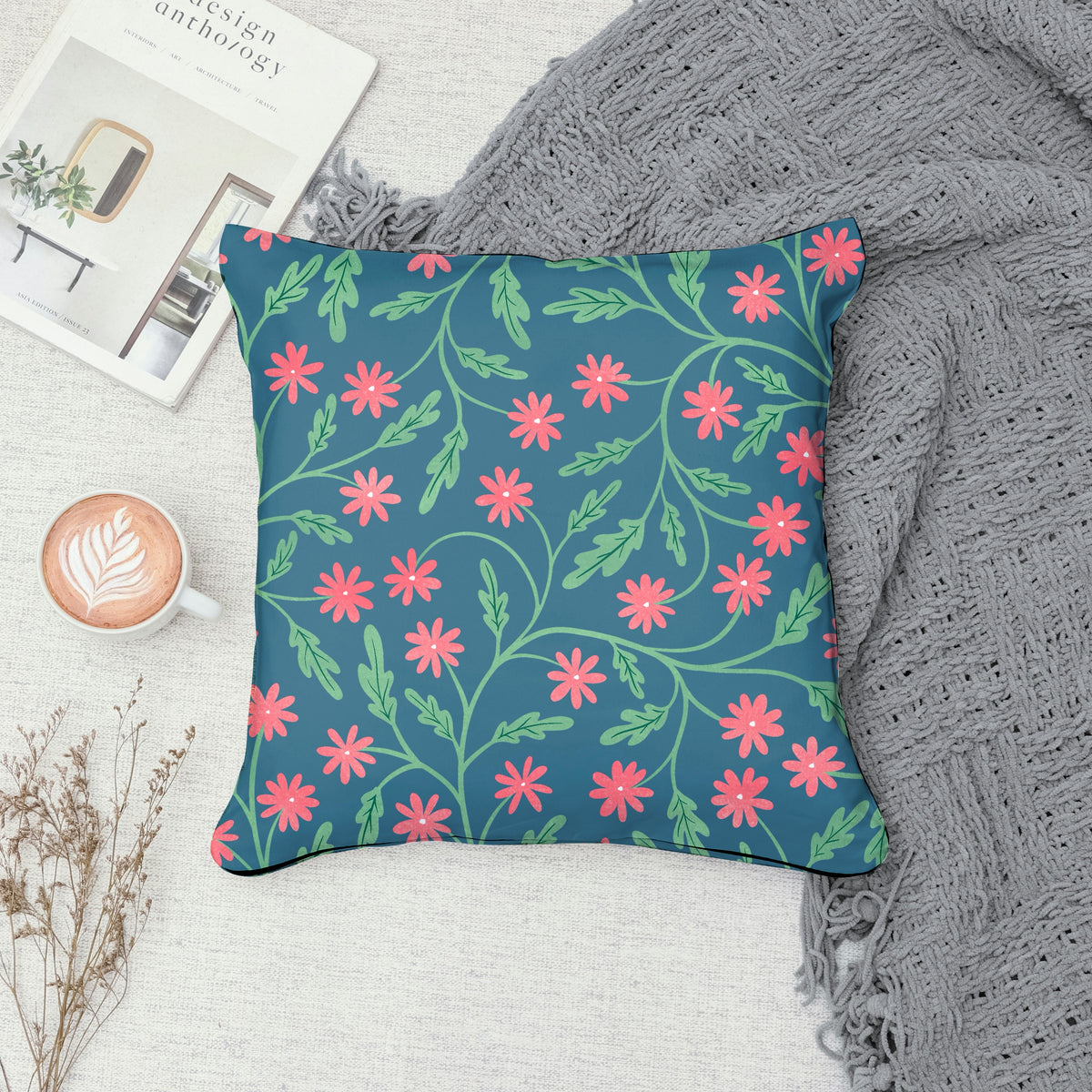 Seamless Blooming Vines Pattern Blue Pink | Spring Floral Greenery