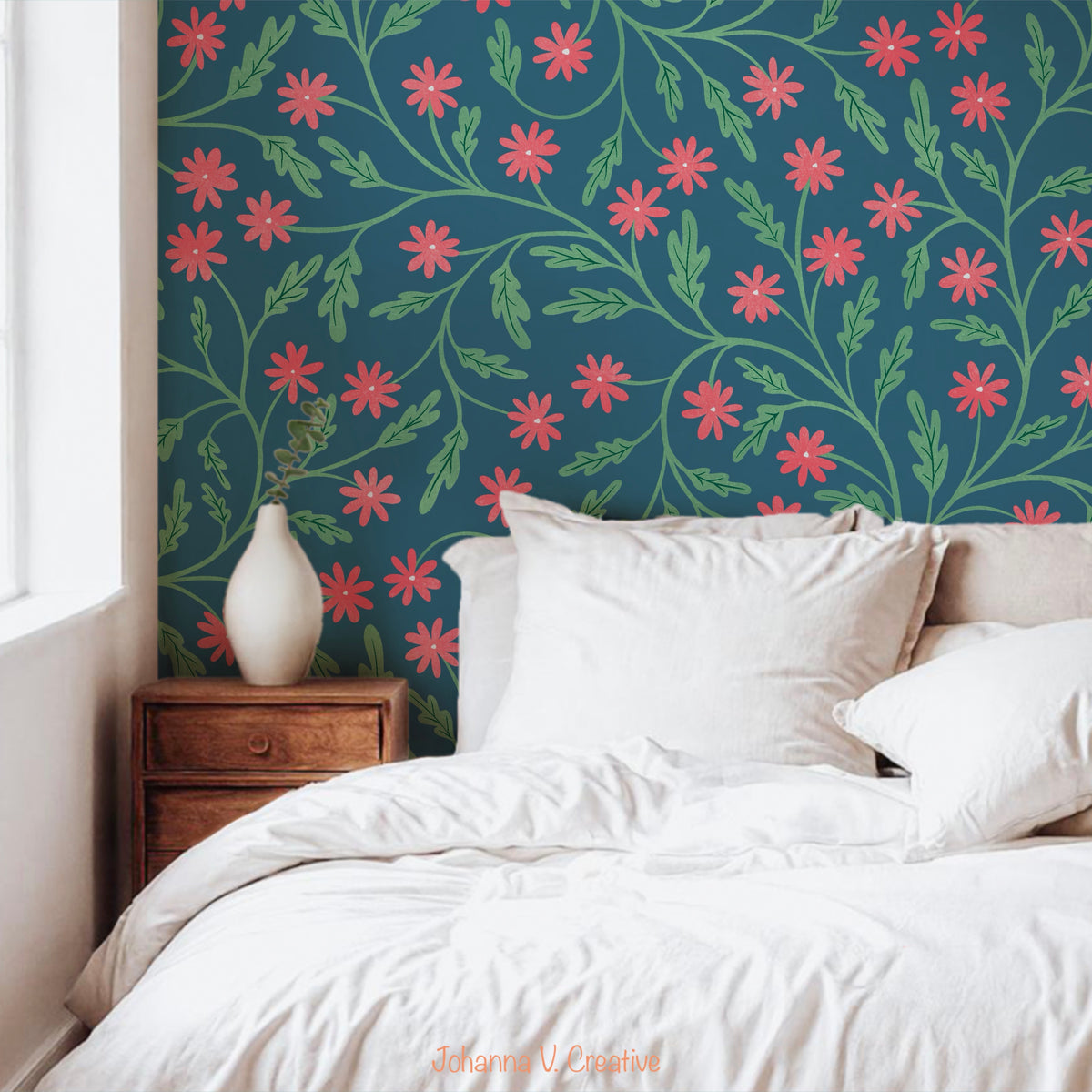 Seamless Blooming Vines Pattern Blue Pink | Spring Floral Greenery