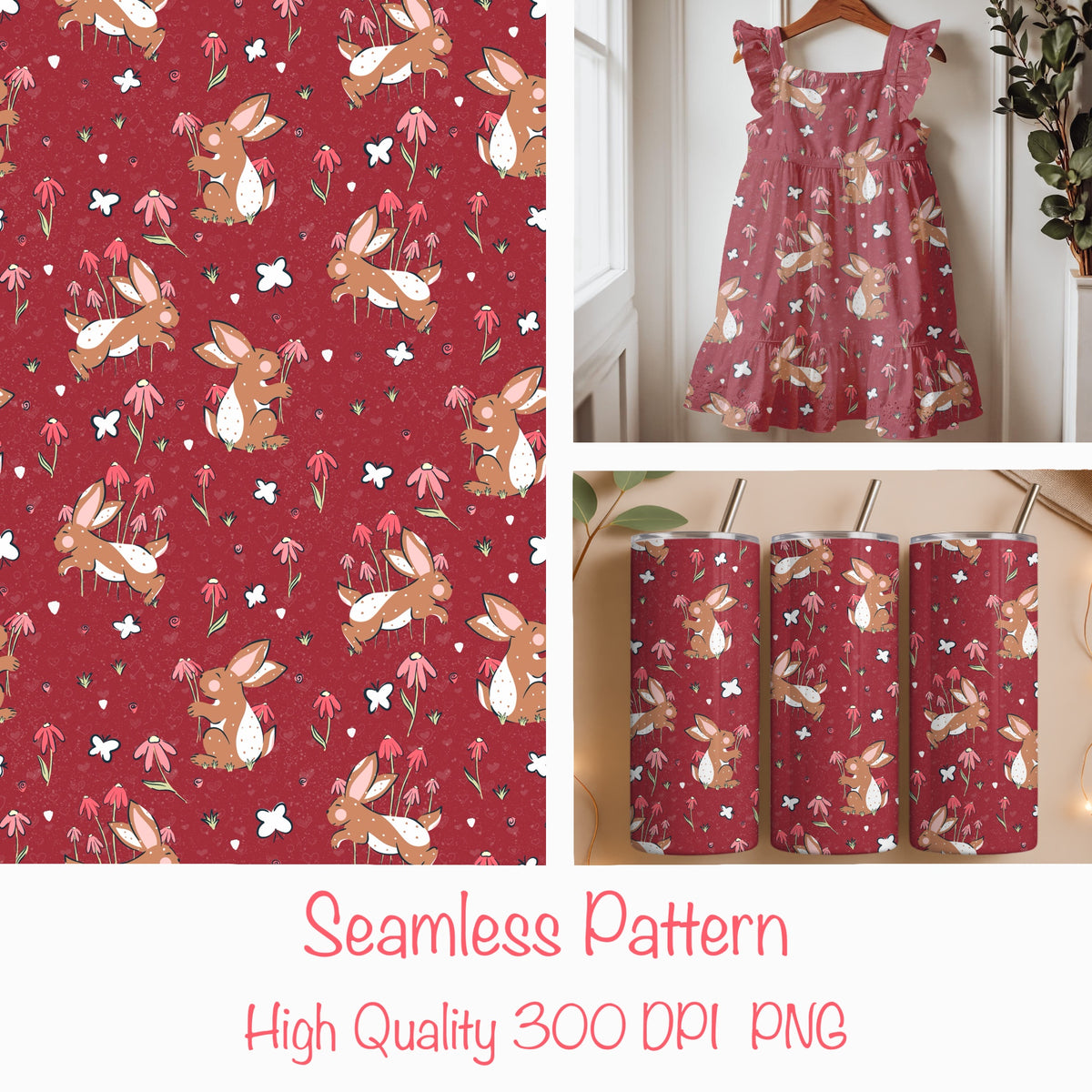 Seamless Valentine Bunny Pattern | Cute Love Bunnies & Hearts | Valentine Digital Paper PNG for POD