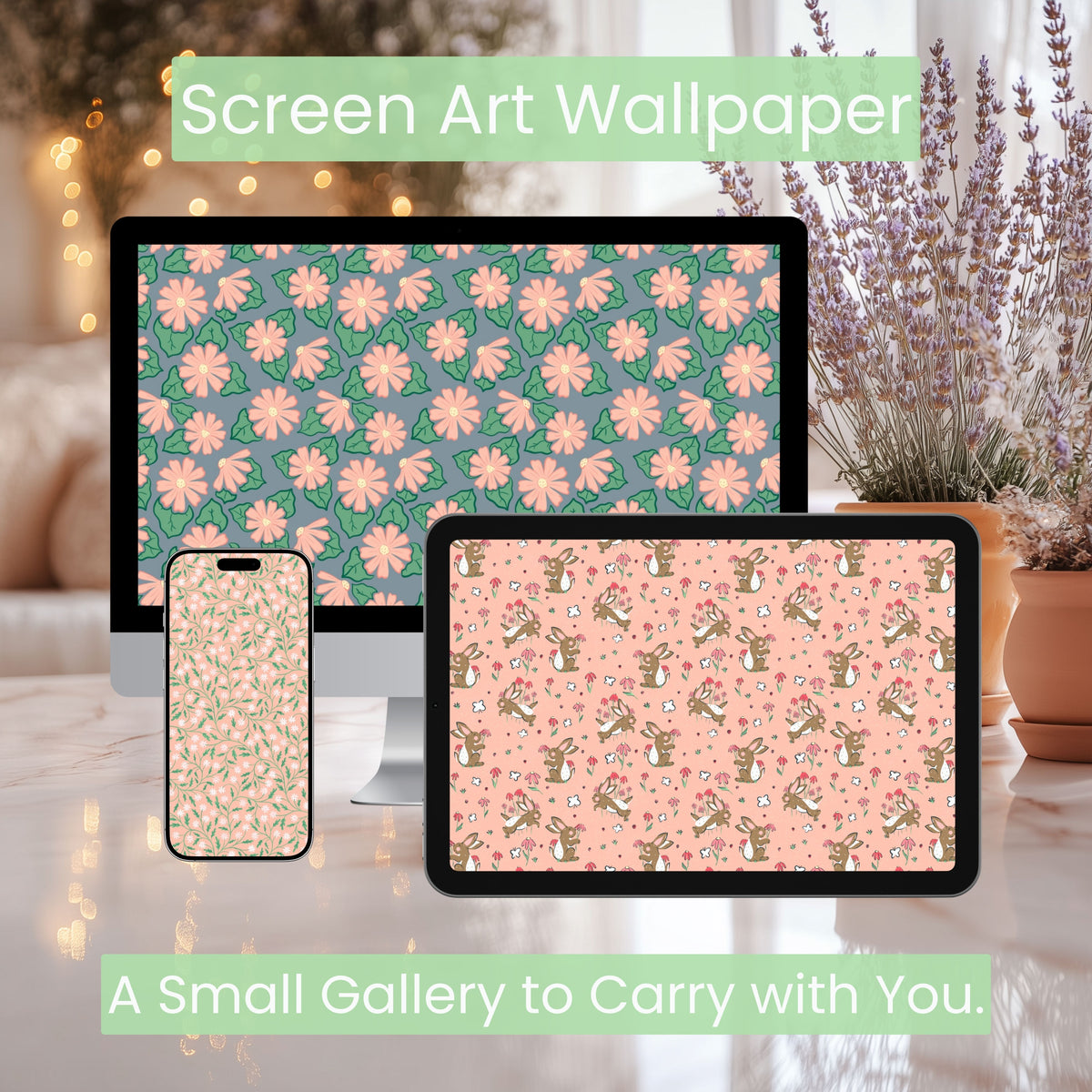 Spring Wallpaper Bundle of 3 Pink | Bunnies, Carrots, Floral Phone, Tablet & 4K Desktop Backgrounds | Instant Digital Download