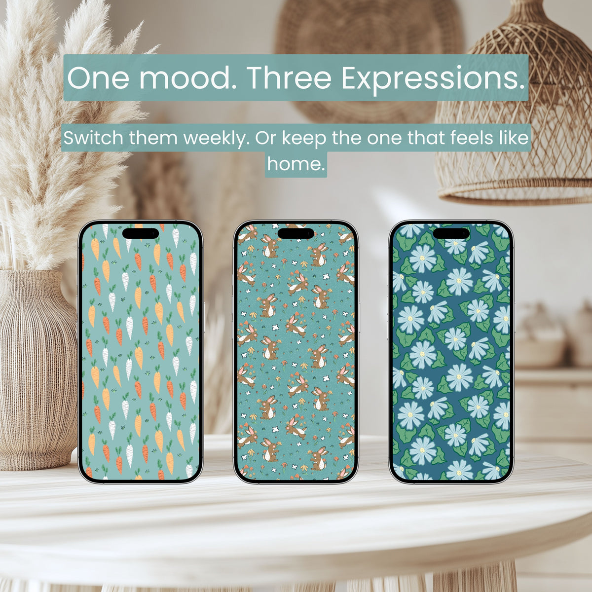 Spring Wallpaper Bundle of 3 Blue | Bunnies, Carrots, Floral Phone, Tablet & 4K Desktop Backgrounds | Instant Digital Download