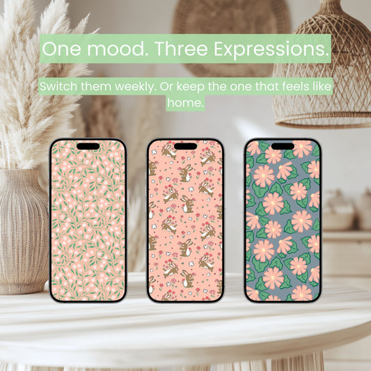 Spring Wallpaper Bundle of 3 Pink | Bunnies, Carrots, Floral Phone, Tablet & 4K Desktop Backgrounds | Instant Digital Download