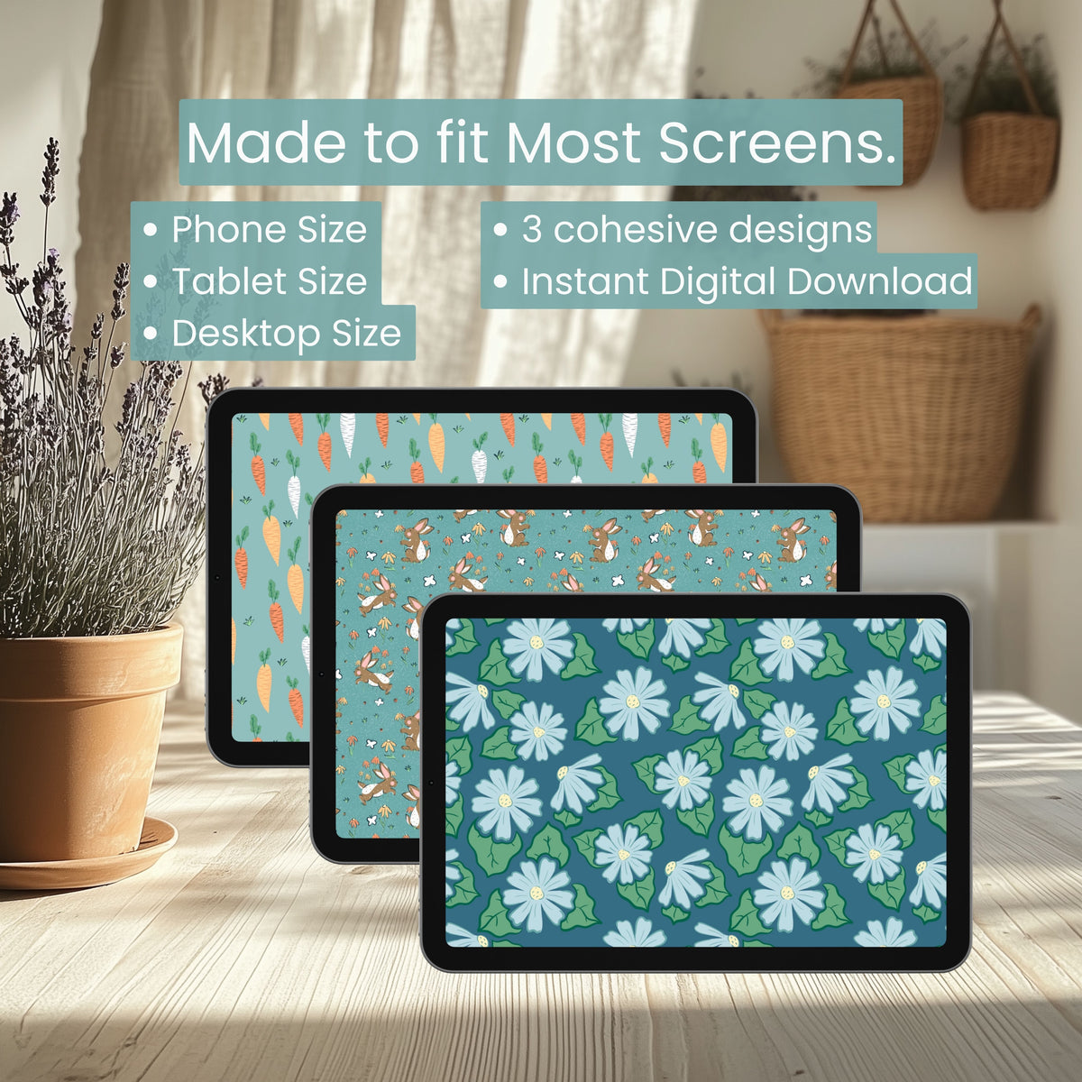 Spring Wallpaper Bundle of 3 Blue | Bunnies, Carrots, Floral Phone, Tablet & 4K Desktop Backgrounds | Instant Digital Download
