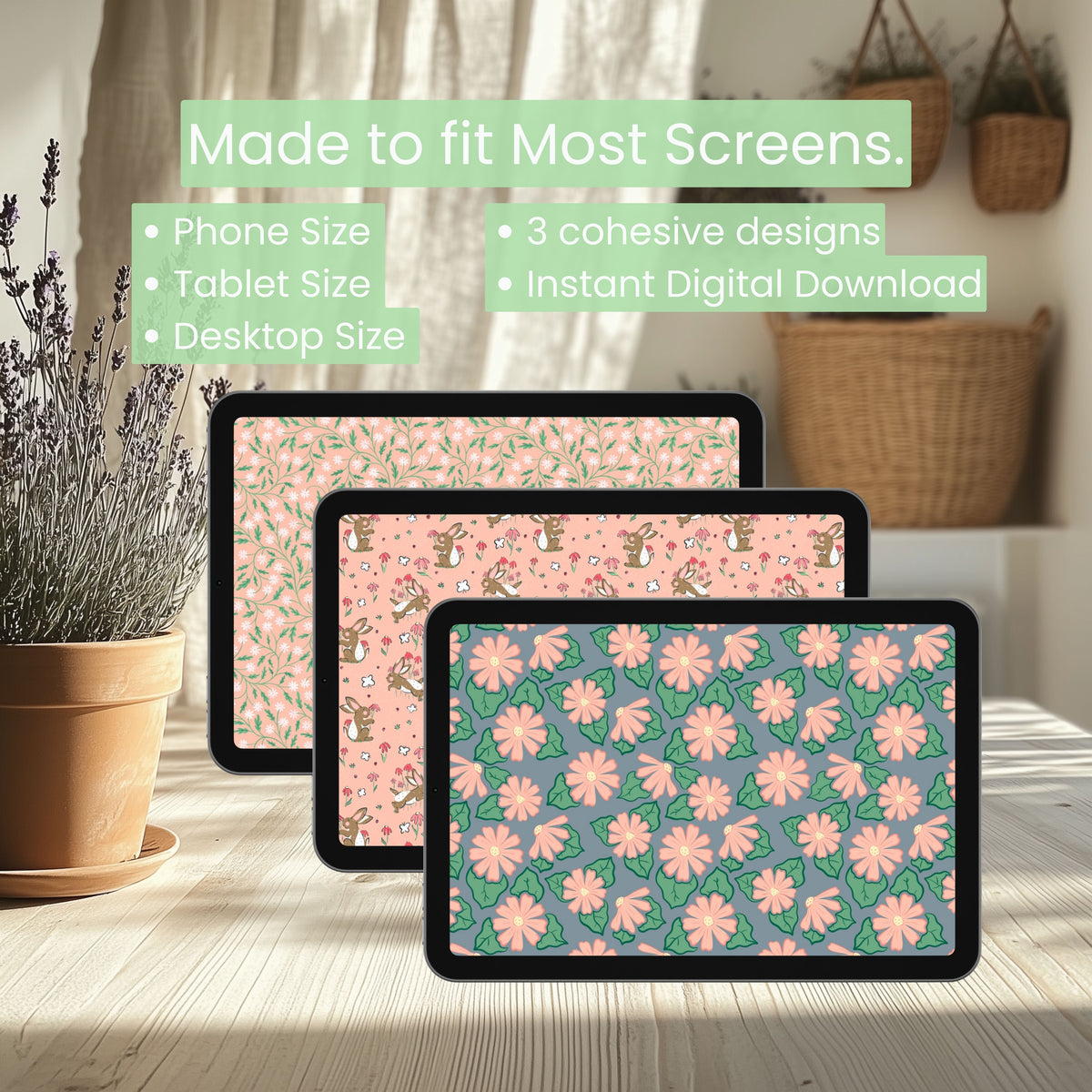 Spring Wallpaper Bundle of 3 Pink | Bunnies, Carrots, Floral Phone, Tablet & 4K Desktop Backgrounds | Instant Digital Download