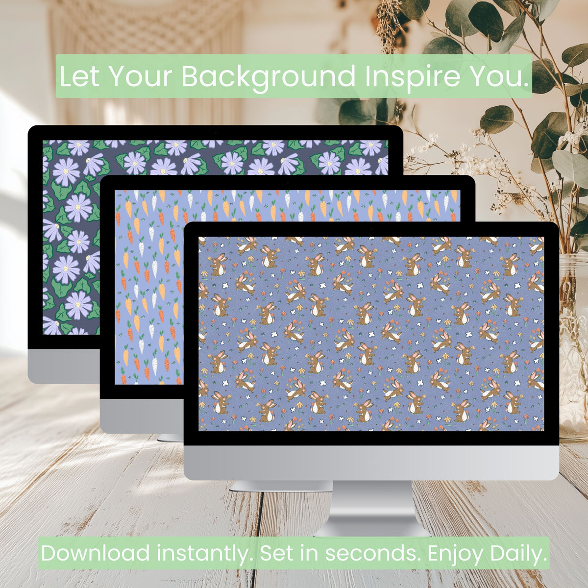 Spring Wallpaper Bundle of 3 Purple | Bunnies, Carrots, Floral Phone, Tablet & 4K Desktop Backgrounds | Instant Digital Download