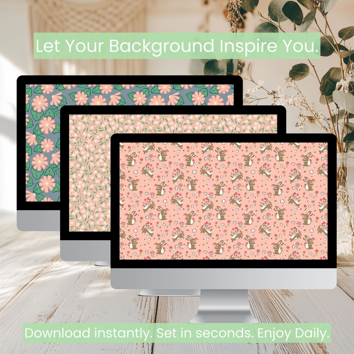 Spring Wallpaper Bundle of 3 Pink | Bunnies, Carrots, Floral Phone, Tablet & 4K Desktop Backgrounds | Instant Digital Download