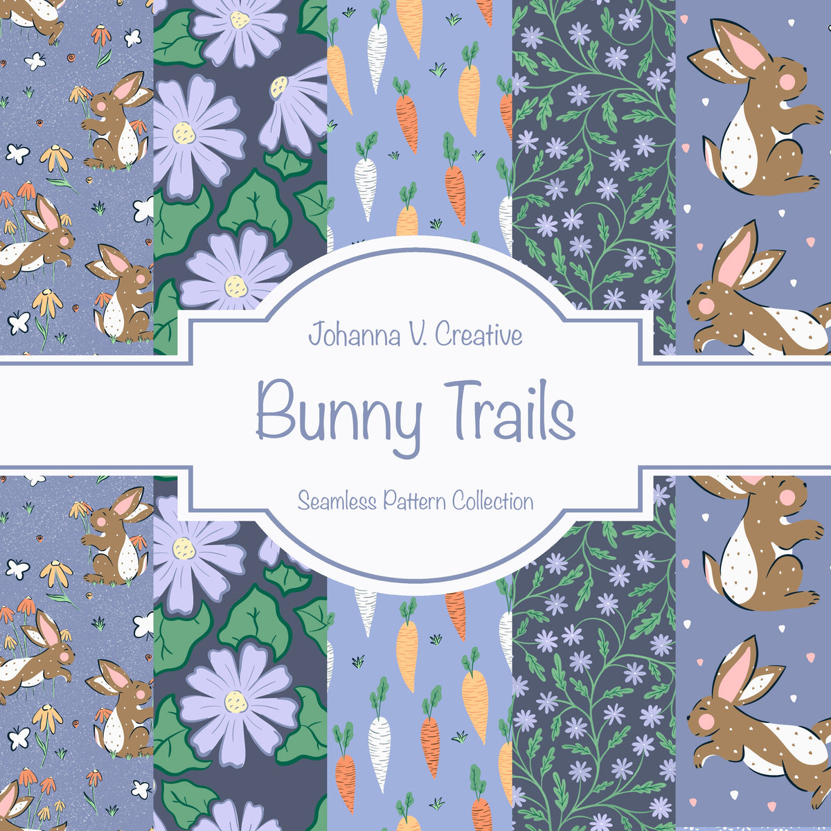 Spring Bunny Pattern Collection Purple | Bunnies, Flowers & Carrots | Seamless Digital Paper PNG for Sublimation & POD