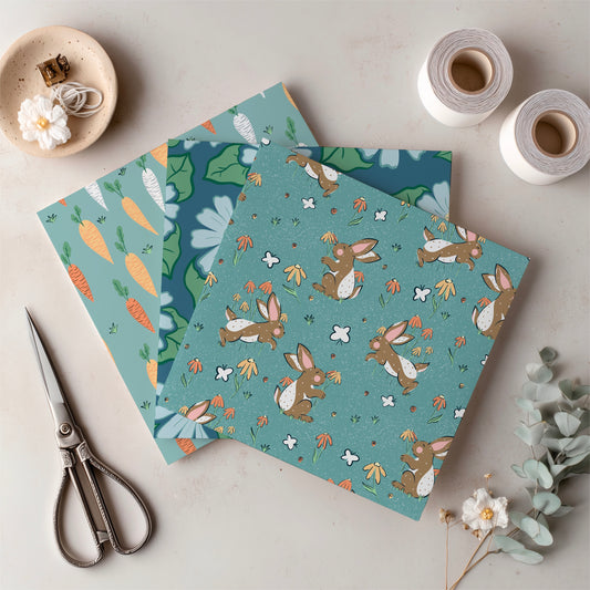Spring Bunny Pattern Collection Blue | Bunnies, Flowers & Carrots | Seamless Digital Paper PNG for Sublimation & POD