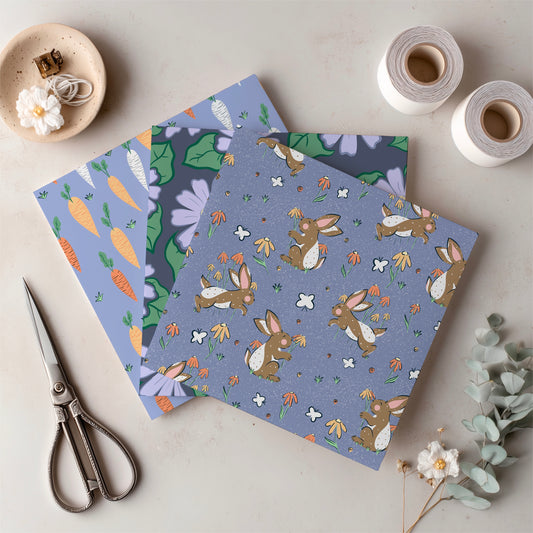 Spring Bunny Pattern Collection Purple | Bunnies, Flowers & Carrots | Seamless Digital Paper PNG for Sublimation & POD