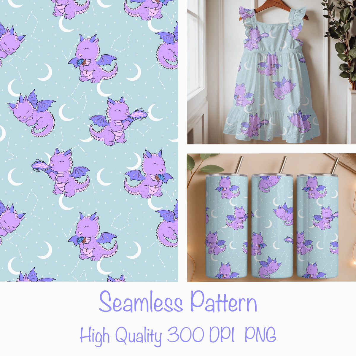 Seamless Dragon Celestial Pattern Purple | Dragons, Moons & Stars | Fantasy Digital Paper PNG for Sublimation & POD