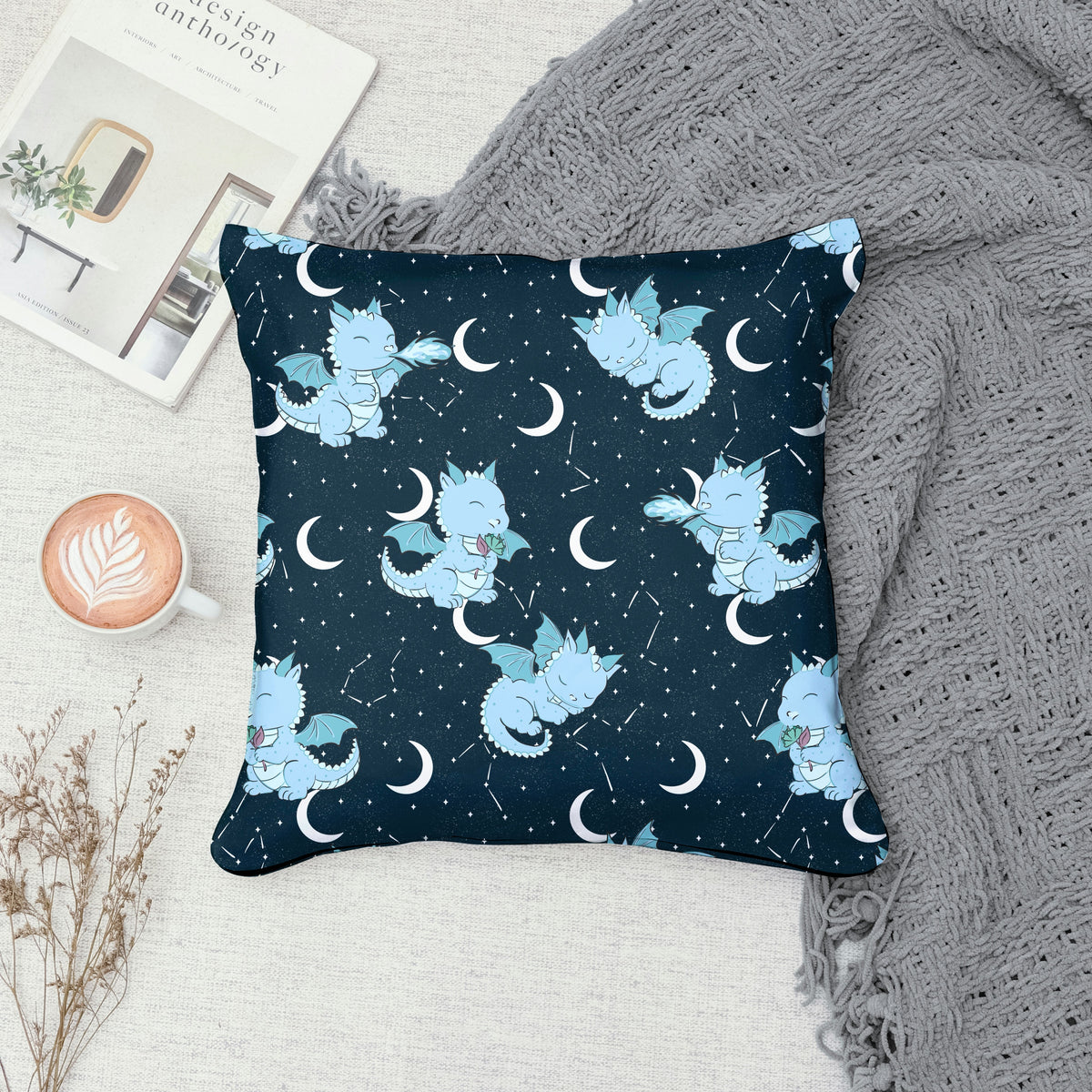Seamless Dragon Celestial Pattern Blue | Dragons, Moons & Stars | Fantasy Digital Paper PNG for Sublimation & POD