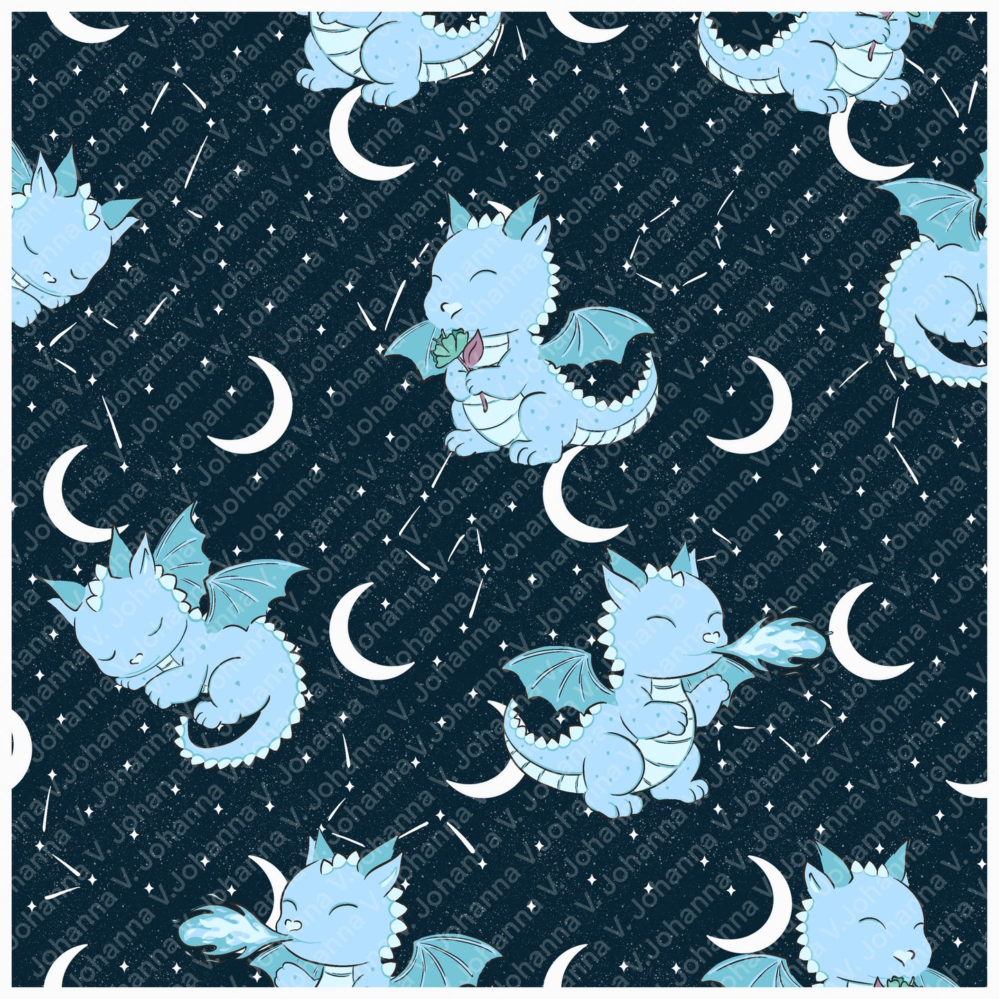 Seamless Dragon Celestial Pattern Blue | Dragons, Moons & Stars | Fantasy Digital Paper PNG for Sublimation & POD