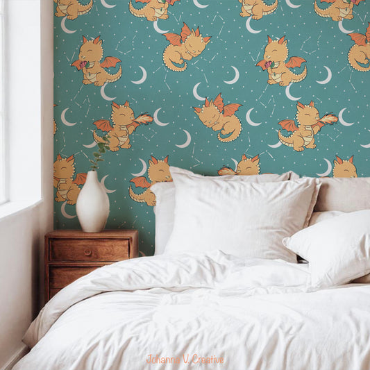 Seamless Dragon Celestial Pattern Green | Dragons, Moons & Stars | Fantasy Digital Paper PNG for Sublimation & POD