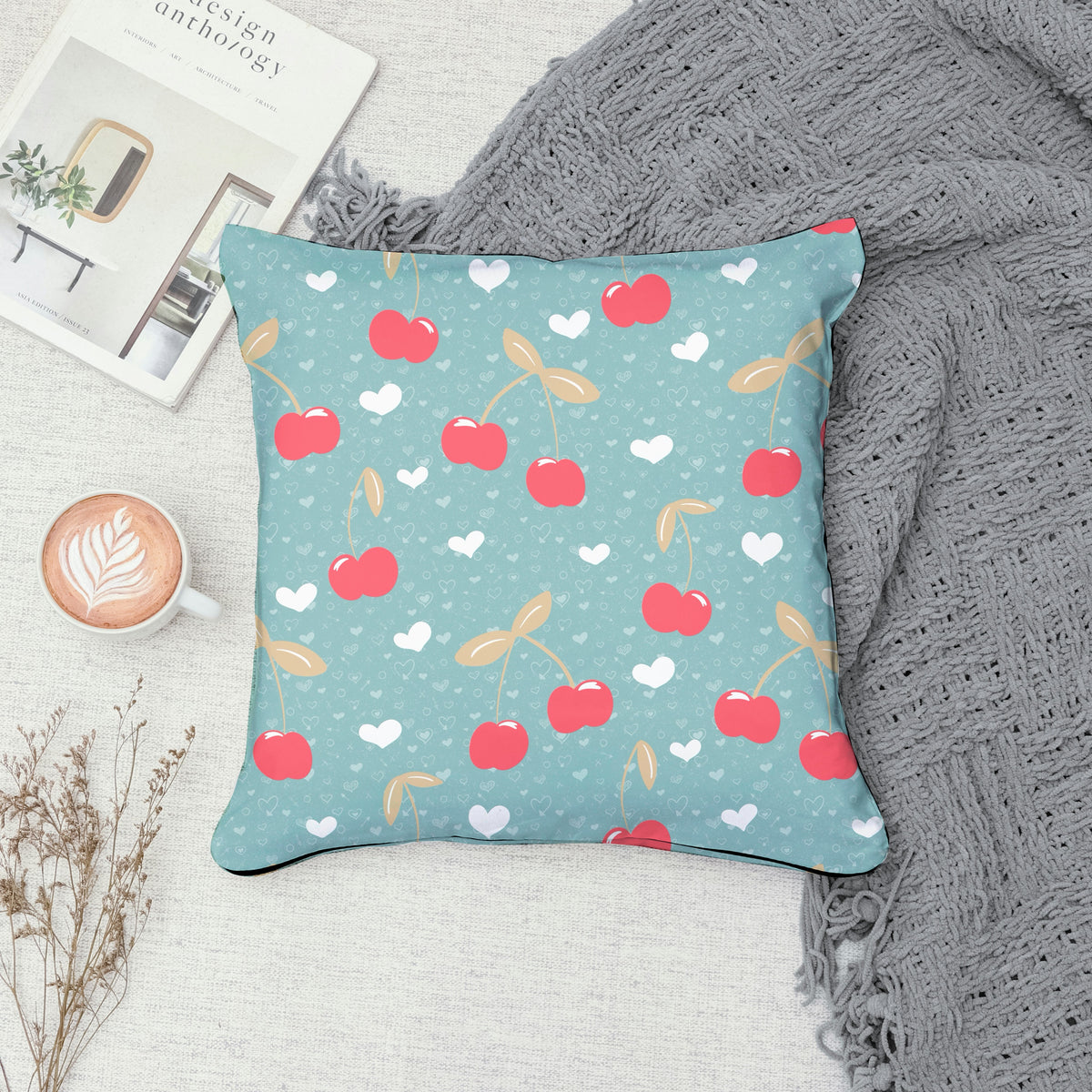 Seamless Cherry Heart Pattern Blue | Cherries & Hand Drawn Hearts | Valentine Digital Paper PNG for POD