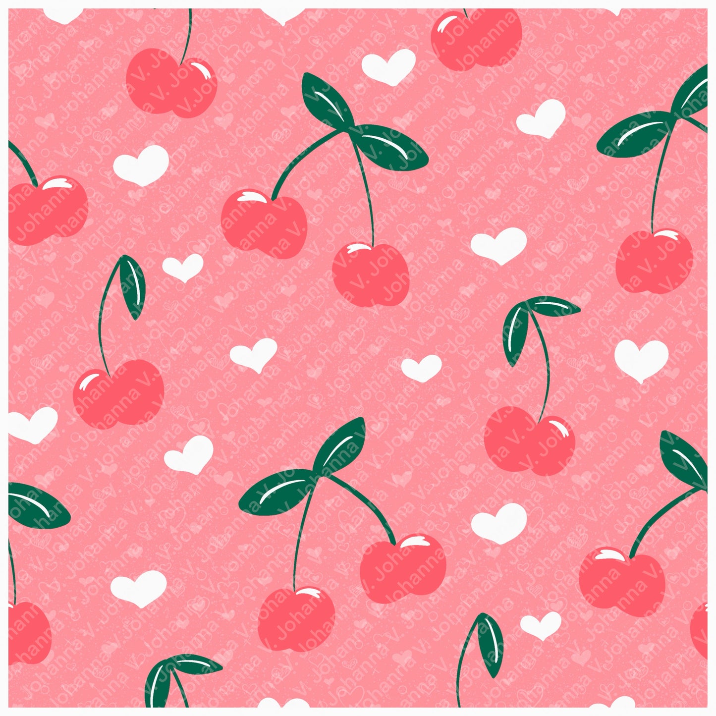 Seamless Cherry Heart Pattern Pink | Cherries & Hand Drawn Hearts | Valentine Digital Paper PNG for POD