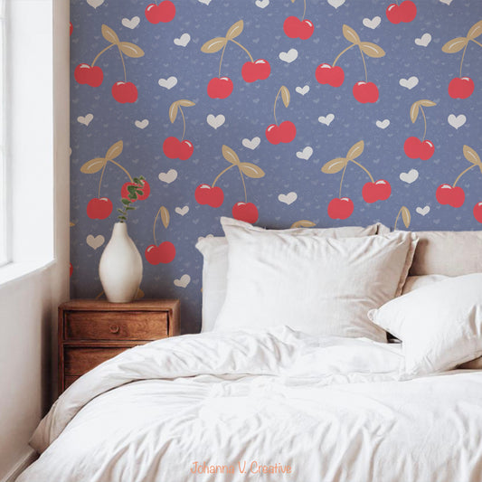 Seamless Cherry Heart Pattern Purple | Cherries & Hand Drawn Hearts | Valentine Digital Paper PNG for POD