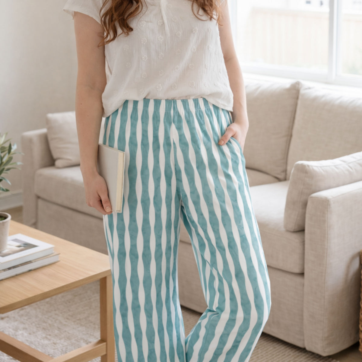 Coastal Drift Pants – Teal Wavy Pattern Lounge Pants | Aesthetic Flowing Line Pants | Cozy Artistic Loungewear