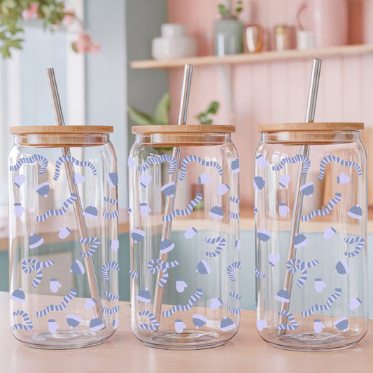 Winter Apparel Glass Can Wrap PNG Purple | Mittens Gloves Scarves Cup Design | Cozy Winter Sublimation Wrap 12.75x6.5