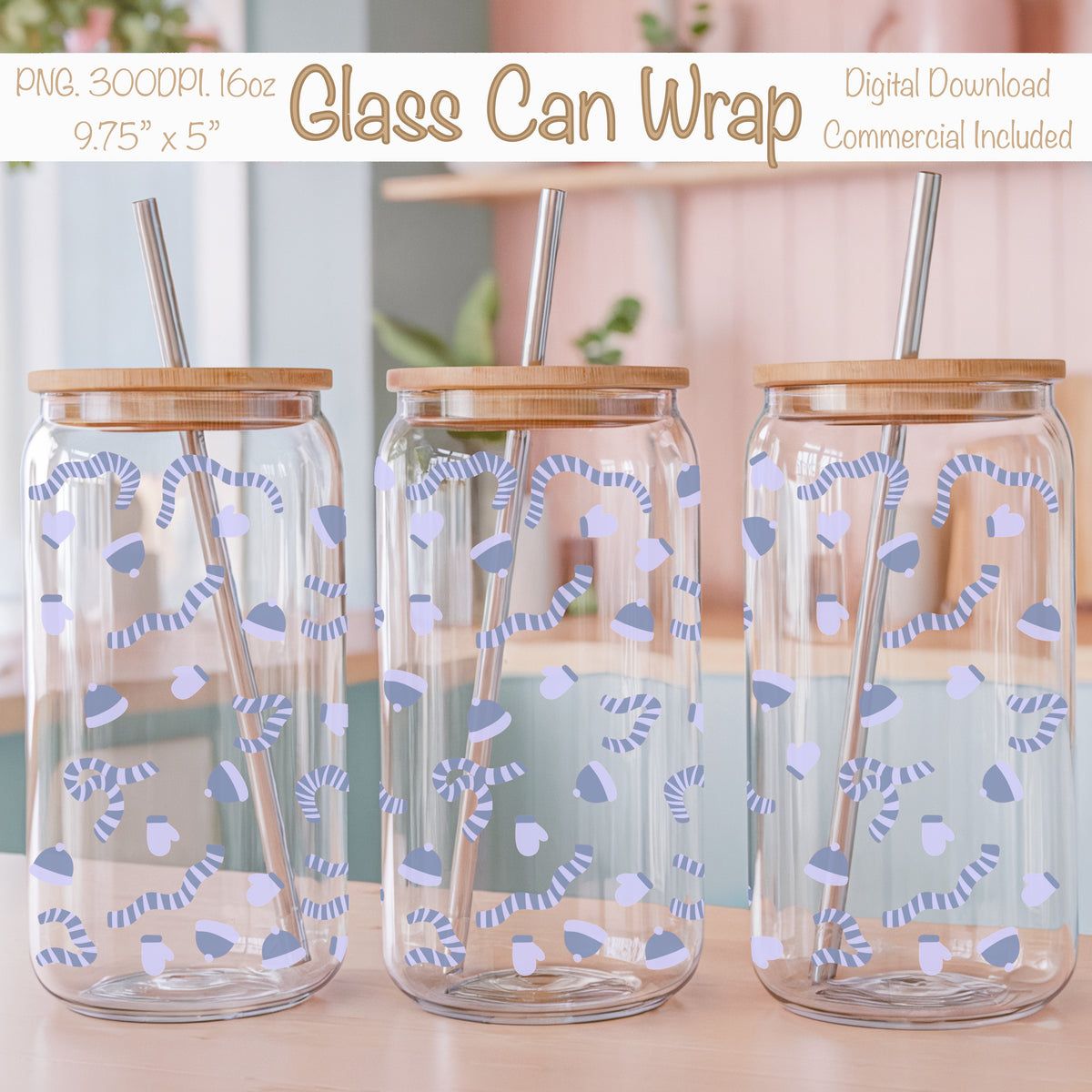 Winter Apparel Glass Can Wrap PNG Purple | Mittens Gloves Scarves Cup Design | Cozy Winter Sublimation Wrap 12.75x6.5