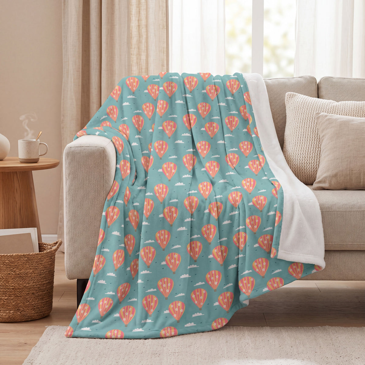 Blooming Skies Blanket – Teal Hot Air Balloon Throw | Coastal Dream Aesthetic Blanket | Whimsical Floral Sky Cozy Blanket Gift