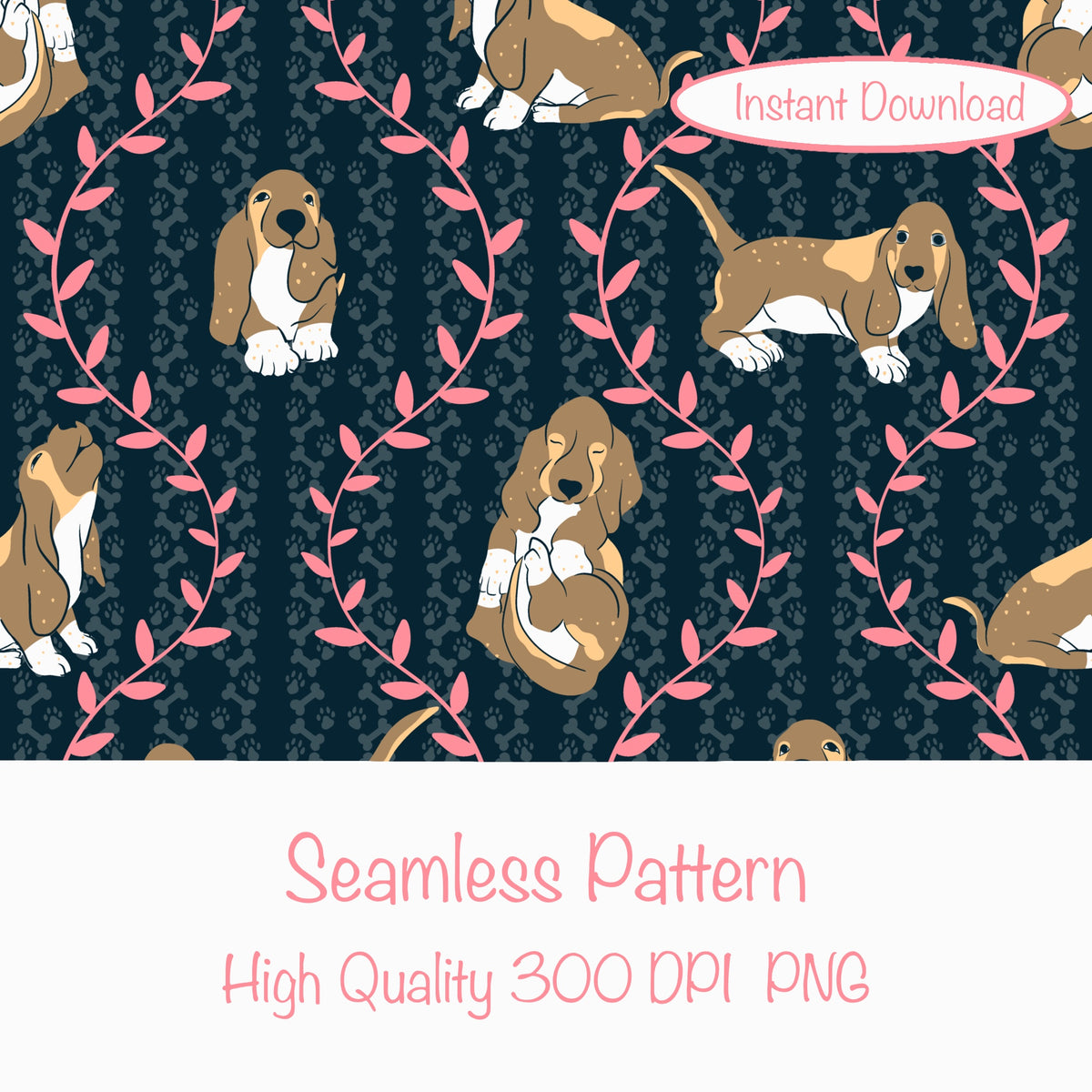 Basset Hound & Botanical Vines Seamless Pattern Black | Cute Dog Pattern | 12x12” PNG Digital Download