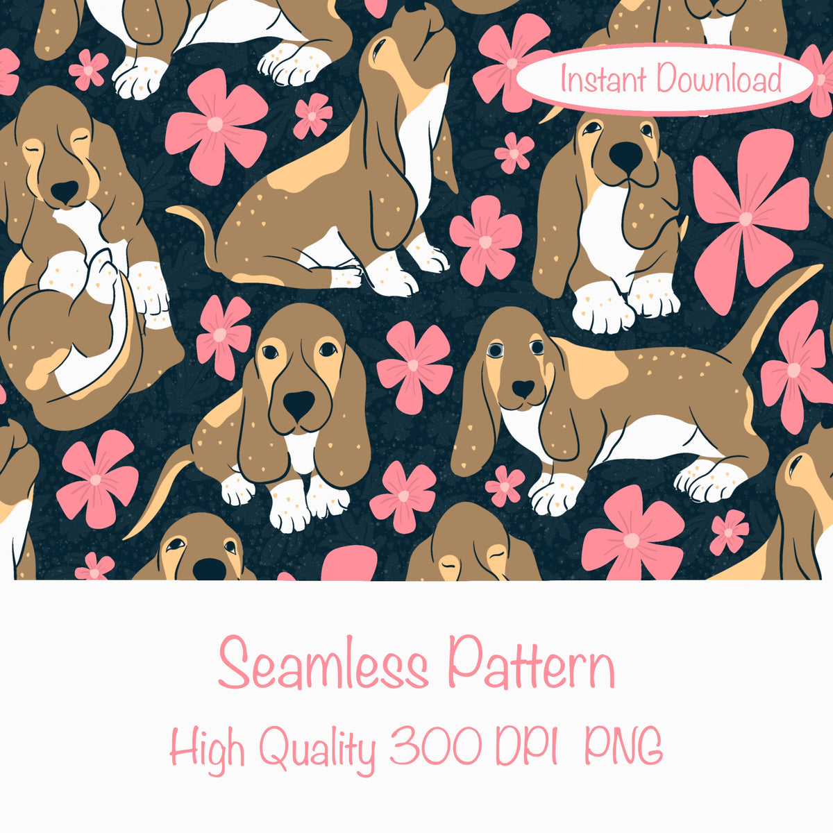 Basset Hound Floral Seamless Pattern Black | Cute Dog Pattern | 12x12β PNG Digital Download